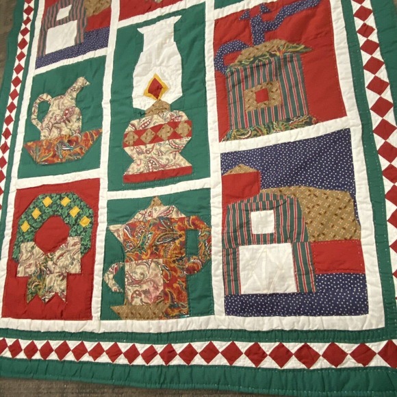American Pacific Hand Quilted Green Christmas Holiday Themes Blanket 58” X 48” - Picture 6 of 12